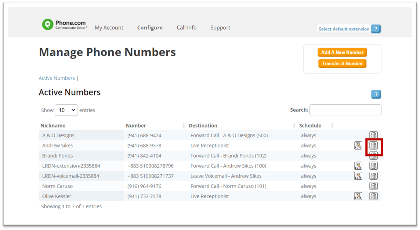 How do I delete phone numbers?